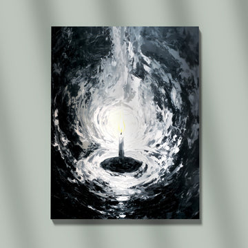 Dramatic Black And White Abstract Painting Of A Single Candle With Bright Glowing Halo