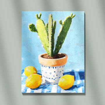 Vibrant Impasto Oil Painting Of A Potted Cactus With Three Lemons On Blue Tablecloth