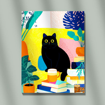 Modern Illustration Of A Black Cat Sitting On Stacks Of Books With Tropical Plants