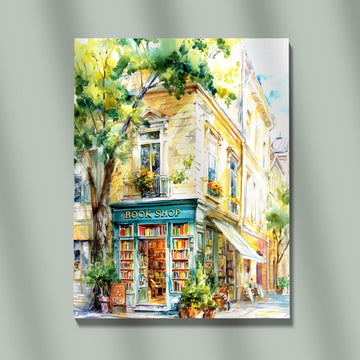 Beautiful Watercolor Painting Of A Charming European Book Shop With Sunlit Street View