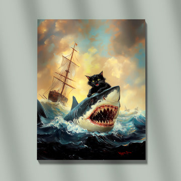 Epic Oil Painting Of A Black Cat Riding A Great White Shark In Ocean