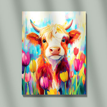 Vibrant Impasto Oil Painting Of A Colorful Highland Cow In A Tulip Field