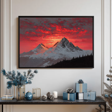 Dramatic Oil Painting Of Snowy Mountain Peaks Under A Fiery Red Sunset Sky