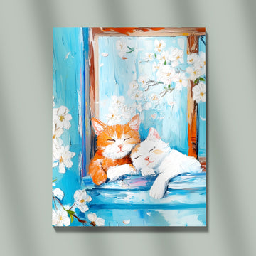 Sleeping Cats On A Blue Window Ledge With Spring Blossoms, Cozy Impressionist Kitten Art Print