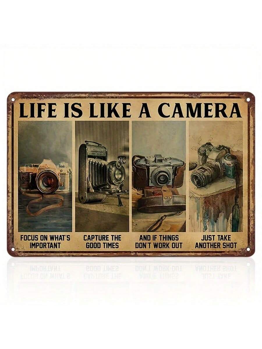 Shoot for the perfect decor with our 'Capture the Moment' metal tin sign! Perfect for photographers, this humorous sign features a camera design and the phrase 'Life is Like a Camera.' Add a playful touch to any room and keep your photography passion in focus. Say cheese (in a witty tone)!