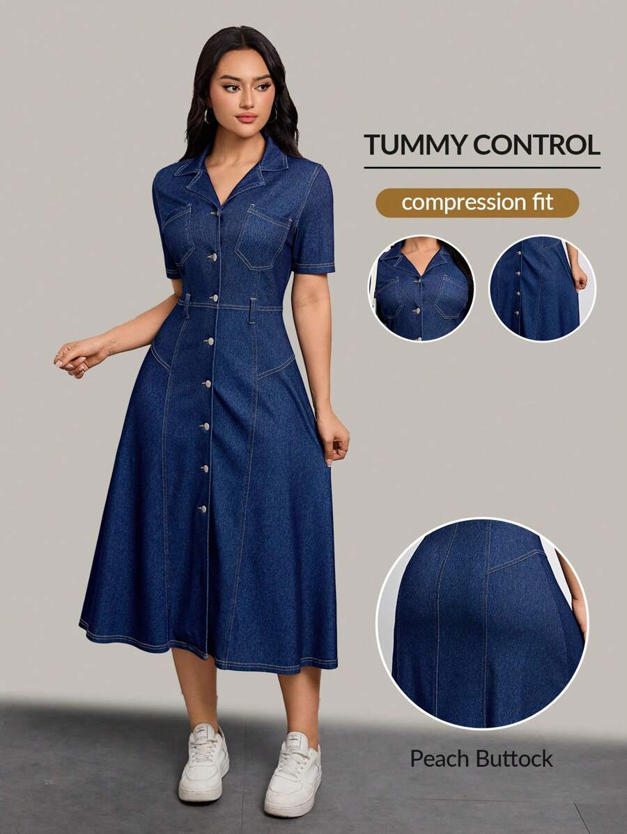 Step into cozy style with this Casual Autumn Denim Dress made for easygoing days. Crafted from stretchy knit fabric, it moves with you for all-day comfort. Front buttons add a flirty detail, while short sleeves keep it light and breezy. Perfect for layering or wearing solo, this dress is your new go-to for autumn adventures with a fun, relaxed vibe.