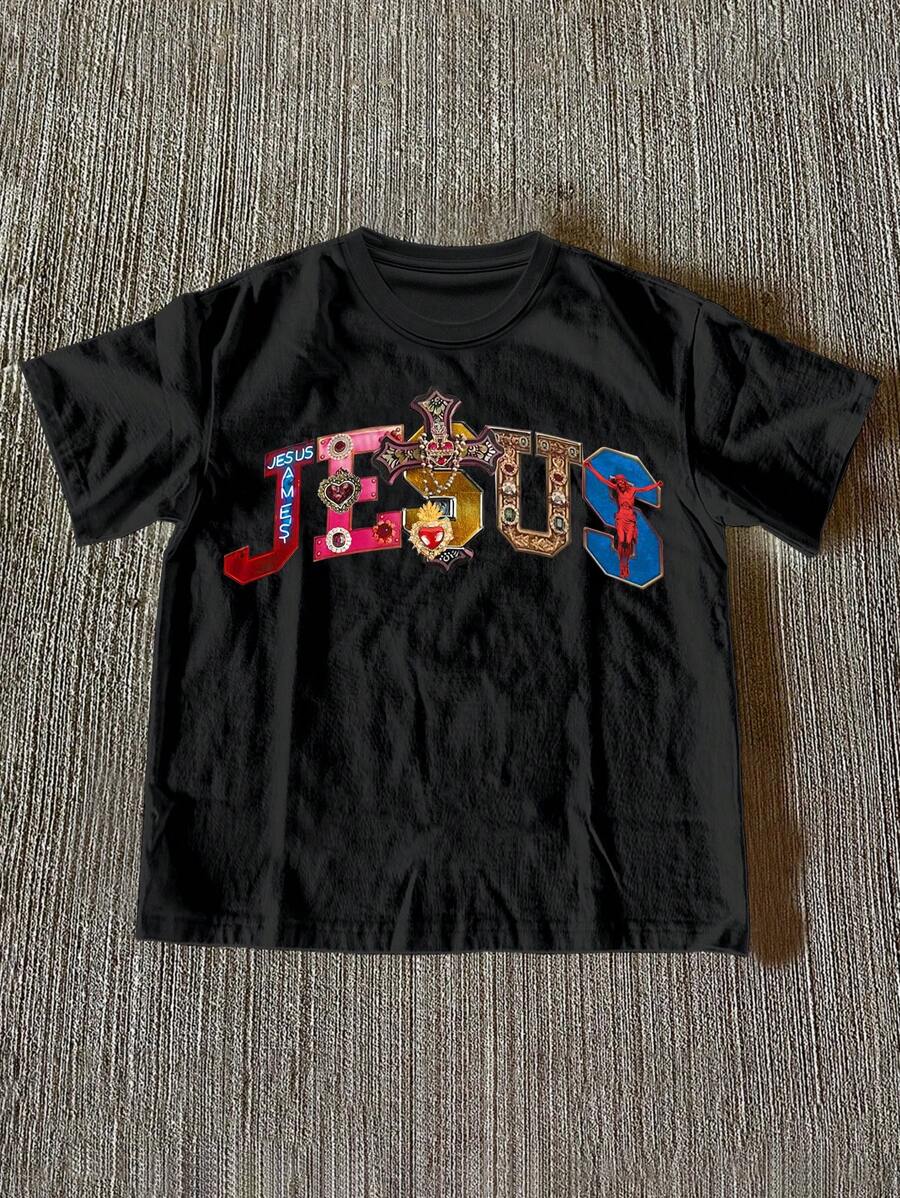 Front view of black women’s Jesus graphic T-shirt with multicolor faith artwork