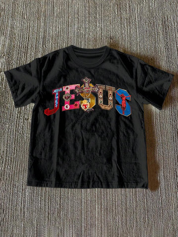 Front view of black women’s Jesus graphic T-shirt with multicolor faith artwork
