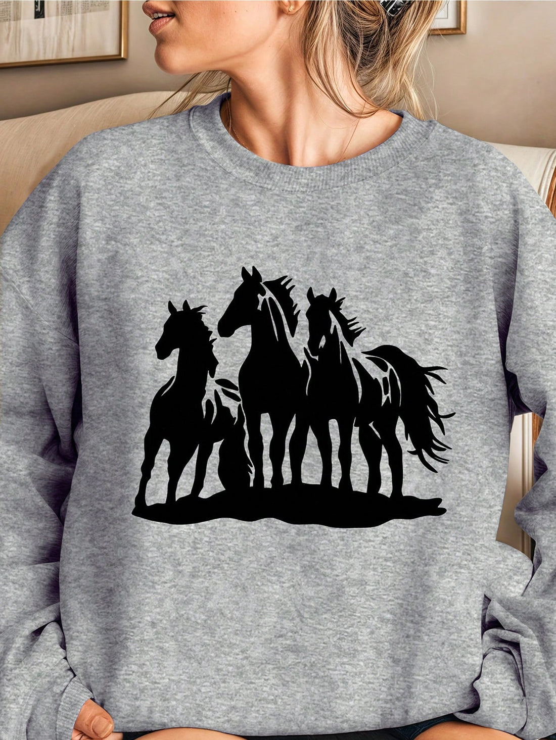 Stay warm and stylish this autumn and winter with our Casual Comfort Women's Horse Pattern Fleece Sweatshirt. Crafted with soft fleece material and adorned with a beautiful horse pattern, this sweatshirt offers both comfort and fashion. Perfect for staying cozy on chilly days.