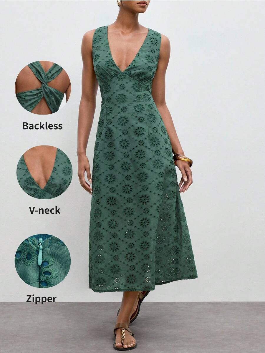 Casual Mid-Length Dress with Hollow Embroidery and Twist Back for Vacation Outfits
