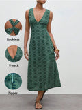 Casual Mid-Length Dress with Hollow Embroidery and Twist Back for Vacation Outfits