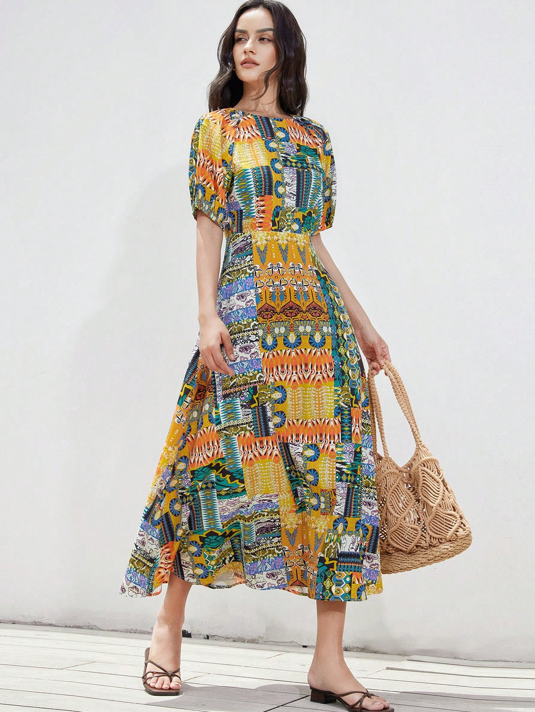 Step into timeless charm with this Casual Retro Print Dress. Featuring a playful round neck and puff sleeves, it adds a fun twist to your everyday look. The elastic waist ensures a comfy fit that flatters your silhouette, making it perfect for any casual outing or relaxed gathering. Embrace effortless elegance with a touch of vintage flair!