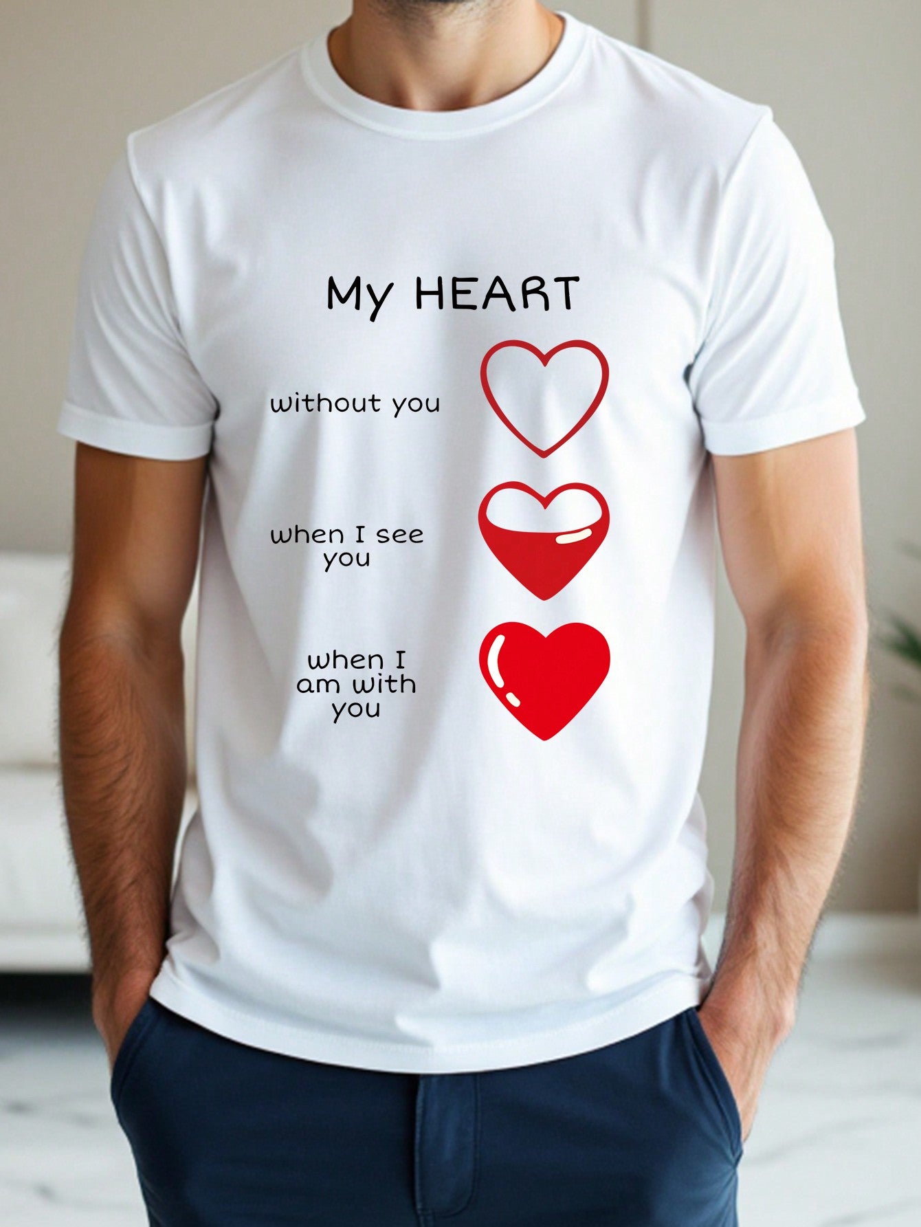 Introducing our Casual Romance: Valentine's Day Couple's Round Neck T-Shirt for Men! Perfect for a fun and playful Valentine's Day date, this t-shirt is made for couples who don't take themselves too seriously. The round neck and comfortable fit make it ideal for a casual outing, while the quirky design adds an element of humor to your relationship. Get ready to turn up the fun with this unique t-shirt!