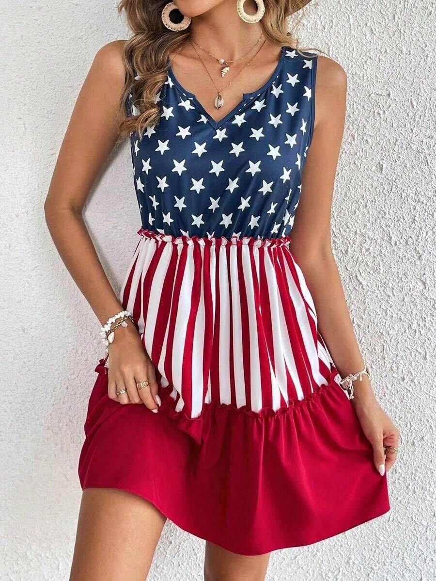 Front view of patriotic sleeveless mini dress with navy star bodice and red white striped skirt
