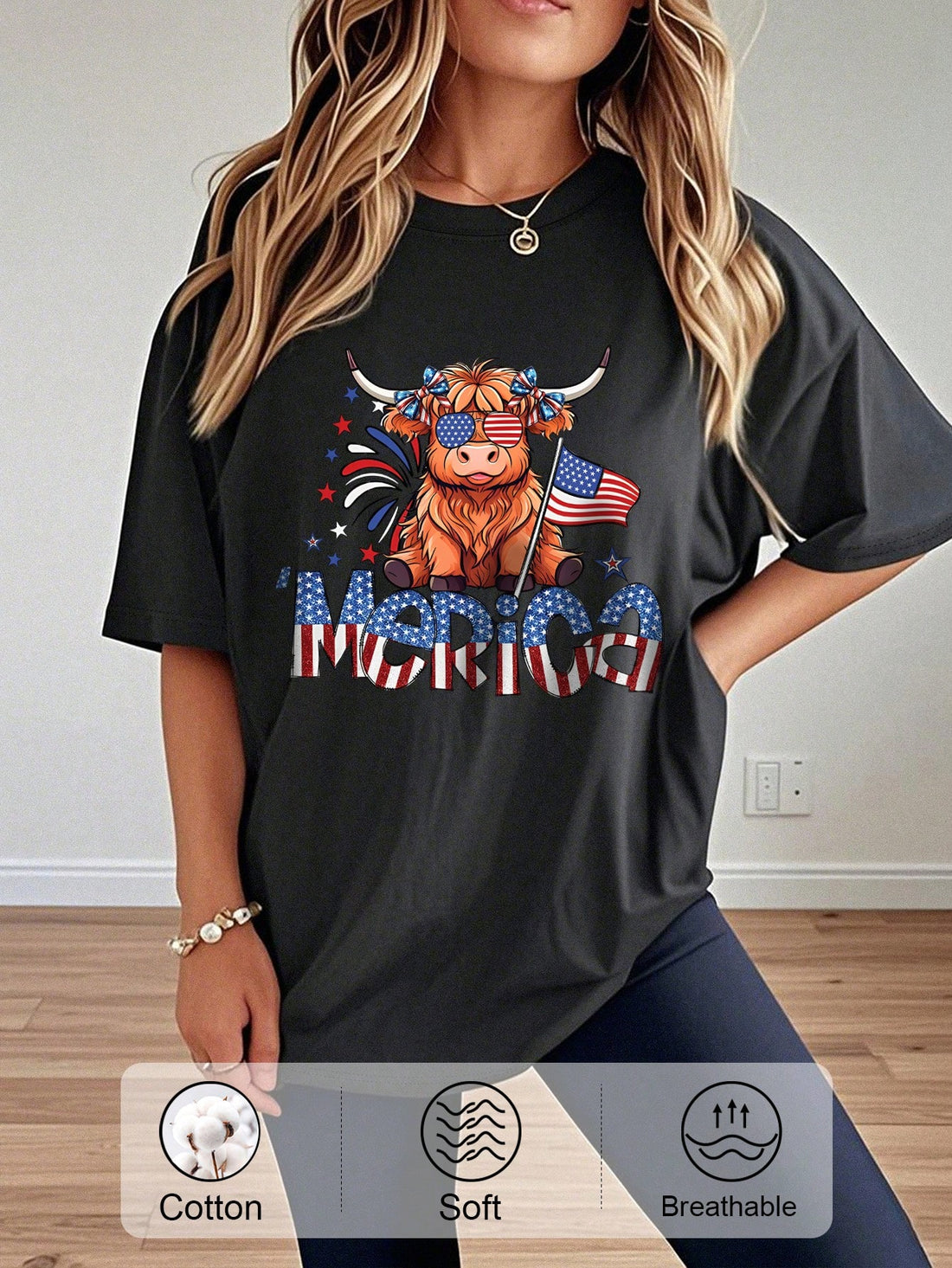 Show your patriotic spirit with this playful Women's Merica USA American Flag T-Shirt, perfect for celebrating the 4th of July in style. Featuring a bold and vibrant flag design, it’s a fun way to express your love for freedom while staying comfortable all day long. Whether you're at a barbecue, parade, or fireworks show, this tee adds a festive touch to your holiday wardrobe.