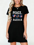 Front model view of black Peace Love America patriotic graphic T-shirt mini dress