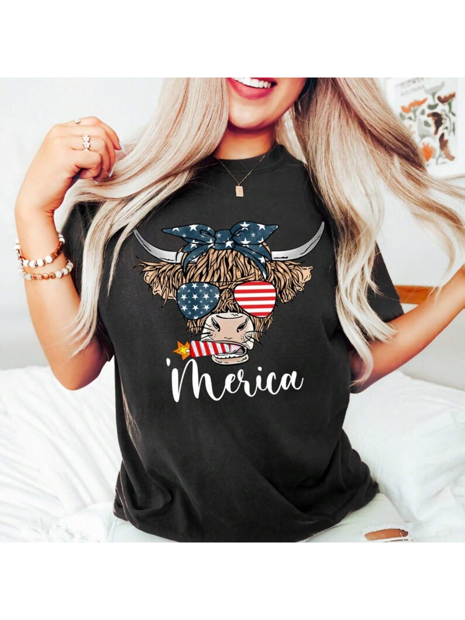 Show your patriotic spirit with a fun twist wearing our Highland Cow T-Shirt! Featuring a charming highland cow decked out in red, white, and blue, this tee adds a playful touch to your Independence Day celebrations. Comfortable and eye-catching, it’s perfect for BBQs, parades, or just relaxing with friends while showing off your festive pride.
