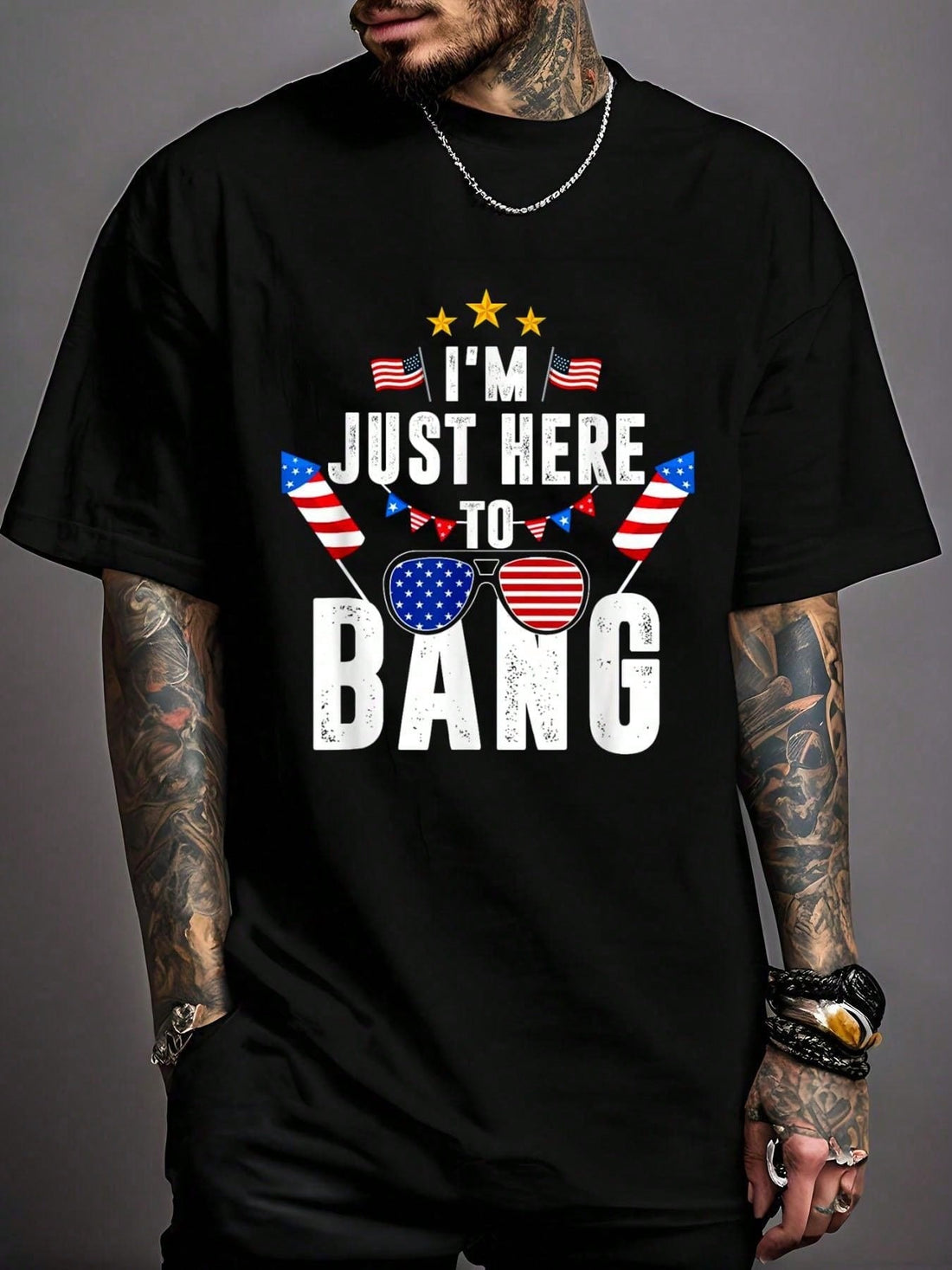 Show your patriotic spirit with a playful twist in this "I'm Just Here to Bang" USA flag T-shirt. Perfect for Independence Day celebrations, it combines humor and national pride to keep the party lively. Comfortable and eye-catching, it’s a fun way to stand out while honoring the red, white, and blue.