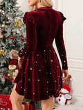 Back view of burgundy long-sleeve velvet dress with pearl-studded flared skirt