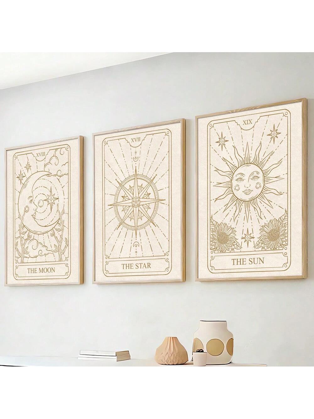 Unleash your inner mystic with Celestial Charm: a set of 3 retro tarot card art posters featuring The Sun, The Moon, and The Star. Add a touch of magic to any room, and channel the power of these celestial symbols. Perfect for tarot lovers or anyone looking to add a whimsical touch to their decor.