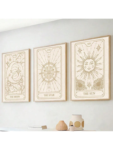 Unleash your inner mystic with Celestial Charm: a set of 3 retro tarot card art posters featuring The Sun, The Moon, and The Star. Add a touch of magic to any room, and channel the power of these celestial symbols. Perfect for tarot lovers or anyone looking to add a whimsical touch to their decor.