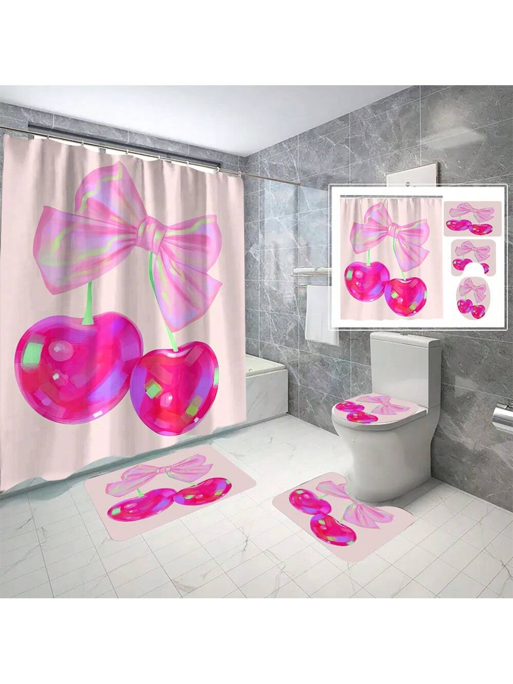 Celestial Elegance meets celestial convenience with our Cherry Bow Star Constellation Print Bathroom Set. Includes a shower curtain, toilet seat cover, U-shaped rug, and waterproof accessories. Turn your bathroom into a sanctuary of style and functionality.