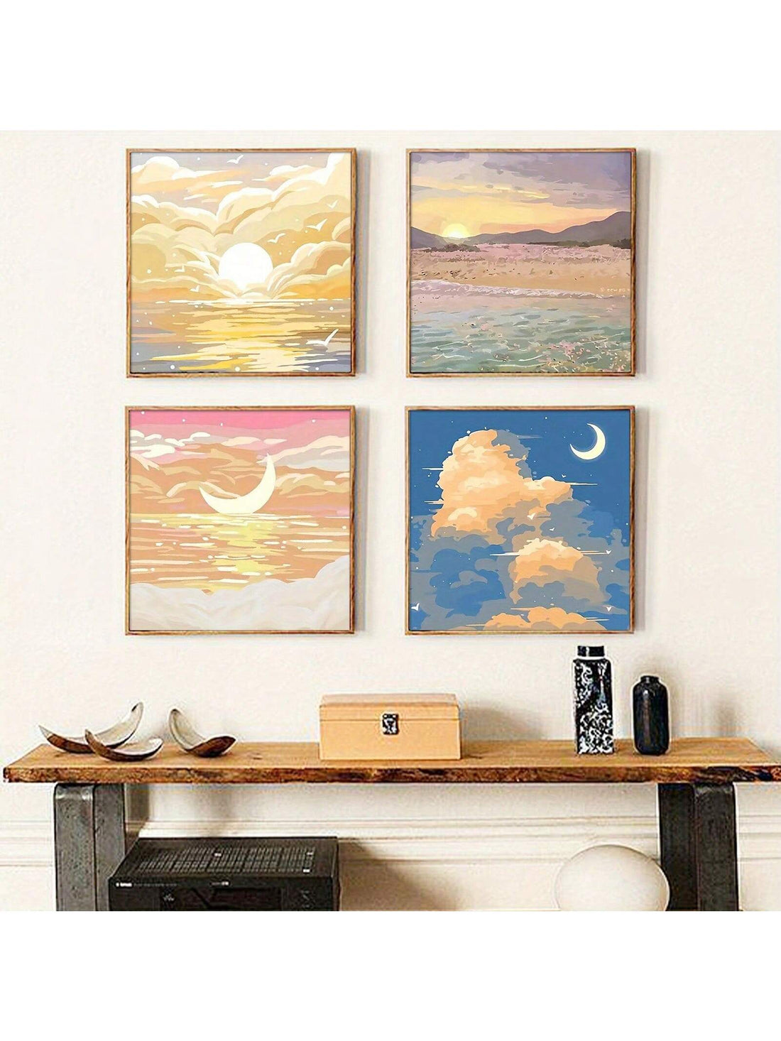 Enhance the serenity in your living space with Celestial Harmony: a 4-piece canvas wall art set featuring stunning sun and moon designs. These expertly crafted pieces bring balance and harmony to any room, showcasing the beauty of the celestial bodies. Made with high-quality canvas for long-lasting appeal.