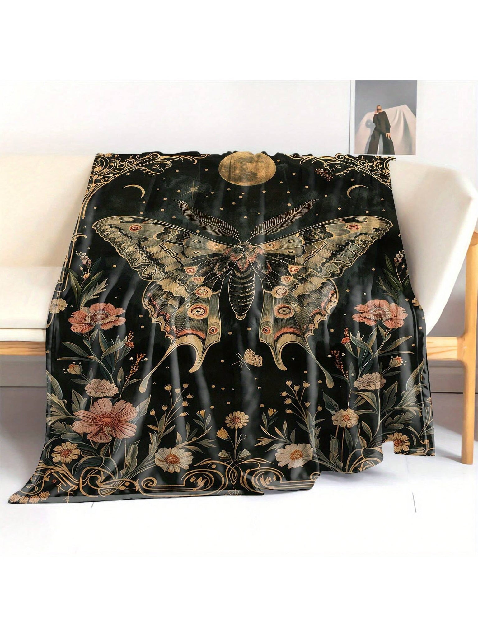 Wrap yourself in whimsy with the Celestial Moon Moth Floral Flannel Blanket! This soft, cozy throw brings a touch of magic to your bed, sofa, or camping spot. Its charming moon moth and floral design adds a playful vibe while keeping you warm and snug. Perfect for chilly nights or lazy afternoons, this blanket turns any space into a cozy retreat filled with celestial charm.