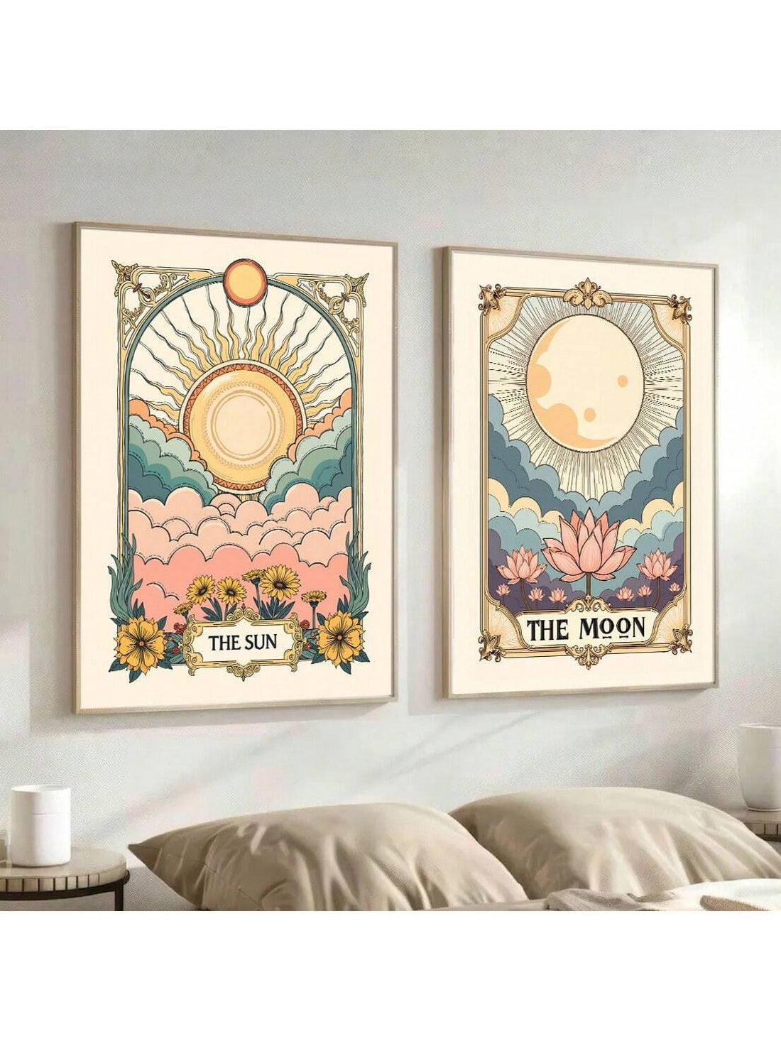 Bring a touch of celestial serenity to your boho-inspired space with this set of 2 unframed moon and sun tarot card art prints. The perfect addition to any eclectic decor, these prints add a mystical yet playful touch to any room. Embrace your inner moon-child with these unique pieces!