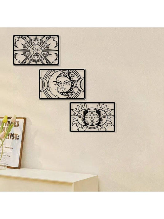 Enhance any space with our Celestial Trio wall art sculpture set. Made from stylish metal, it features a sun, moon, and stars design. Perfect for adding a touch of celestial beauty to any room. Elevate your decor with this stunning piece of art.