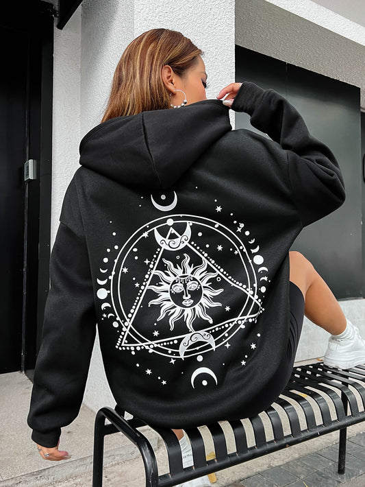 Stay connected to the cosmos with our Celestial Vibes Hoodie. Featuring a beautiful Sun & Moon print, this hoodie is perfect for those who love to incorporate spiritual elements into their daily wardrobe. Its drawstring hood and kangaroo pocket add comfort and functionality.