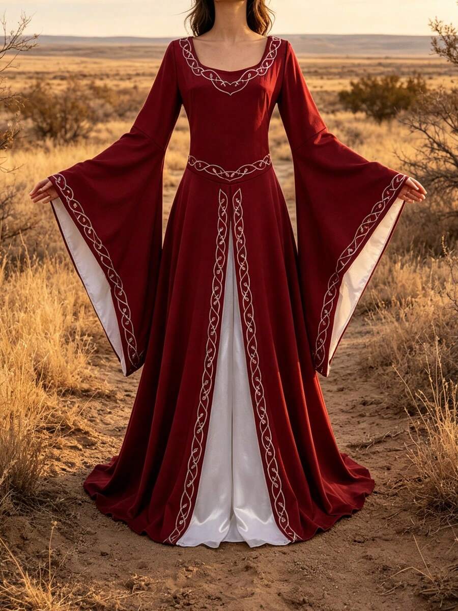 Front view of burgundy Celtic medieval maxi dress with bell sleeves and white underlayer