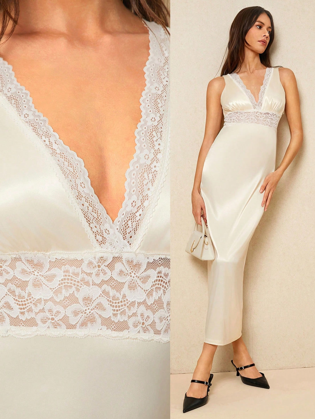 Dress to impress with our Champagne Elegance dress, featuring delicate French lace and a flattering v-neckline. Perfect for a timeless and stylish spring look, this midi dress is sure to turn heads. Elevate your wardrobe with our beautiful and elegant design. Cheers to spring fashion!