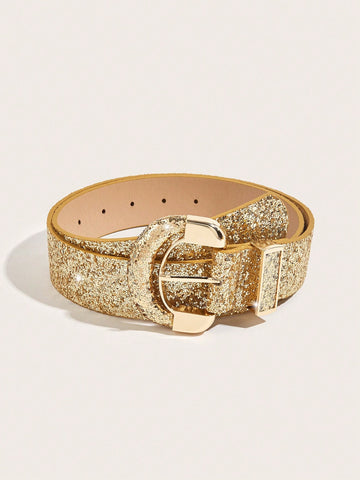 The Champagne Glitter Alloy PU Belt is the perfect accessory for festivals, parties, and weddings. Made with a glittering champagne color and durable alloy and PU materials, this belt adds just the right amount of sparkle to any outfit. Elevate your style and stand out from the crowd with this must-have fashion accessory.