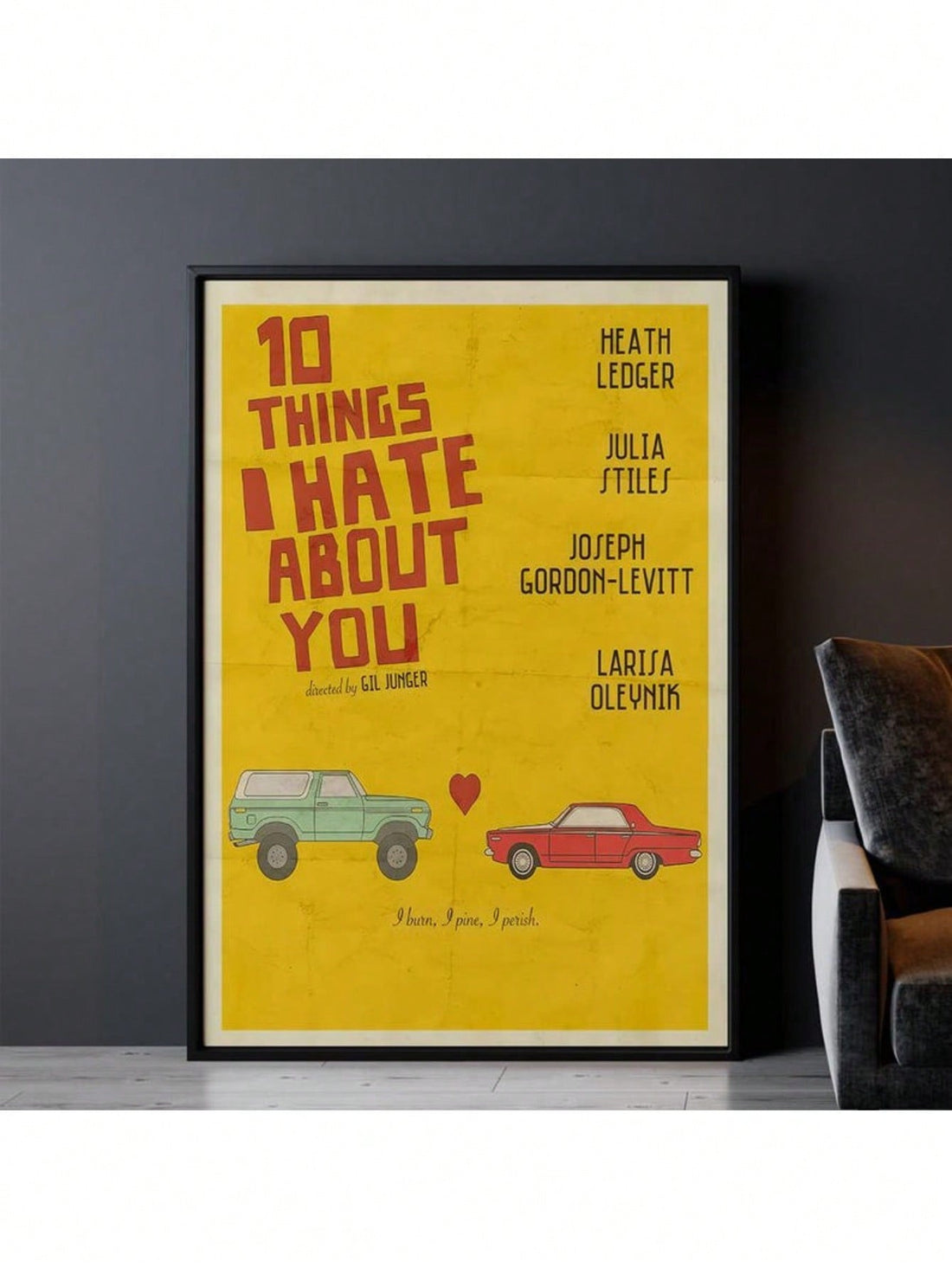 Add a playful touch to your space with this charming "10 Things I Hate About You" movie poster. Perfect for fans of the cult classic, this wall art brightens any room with a nostalgic vibe and witty flair. Whether for your home or as a fun gift, it’s a great way to celebrate classic teen romance with style.
