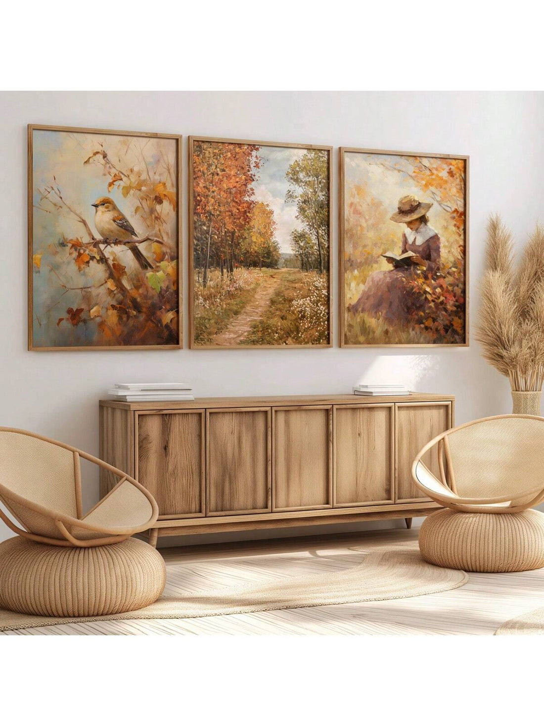 Bring cozy autumn vibes to your space with this playful 3-piece rustic wall art set featuring a woman reading peacefully in a forest. Perfect for fall decor, these charming pieces add warmth and a touch of whimsy to any room, inviting you to slow down and enjoy the season’s quiet moments.
