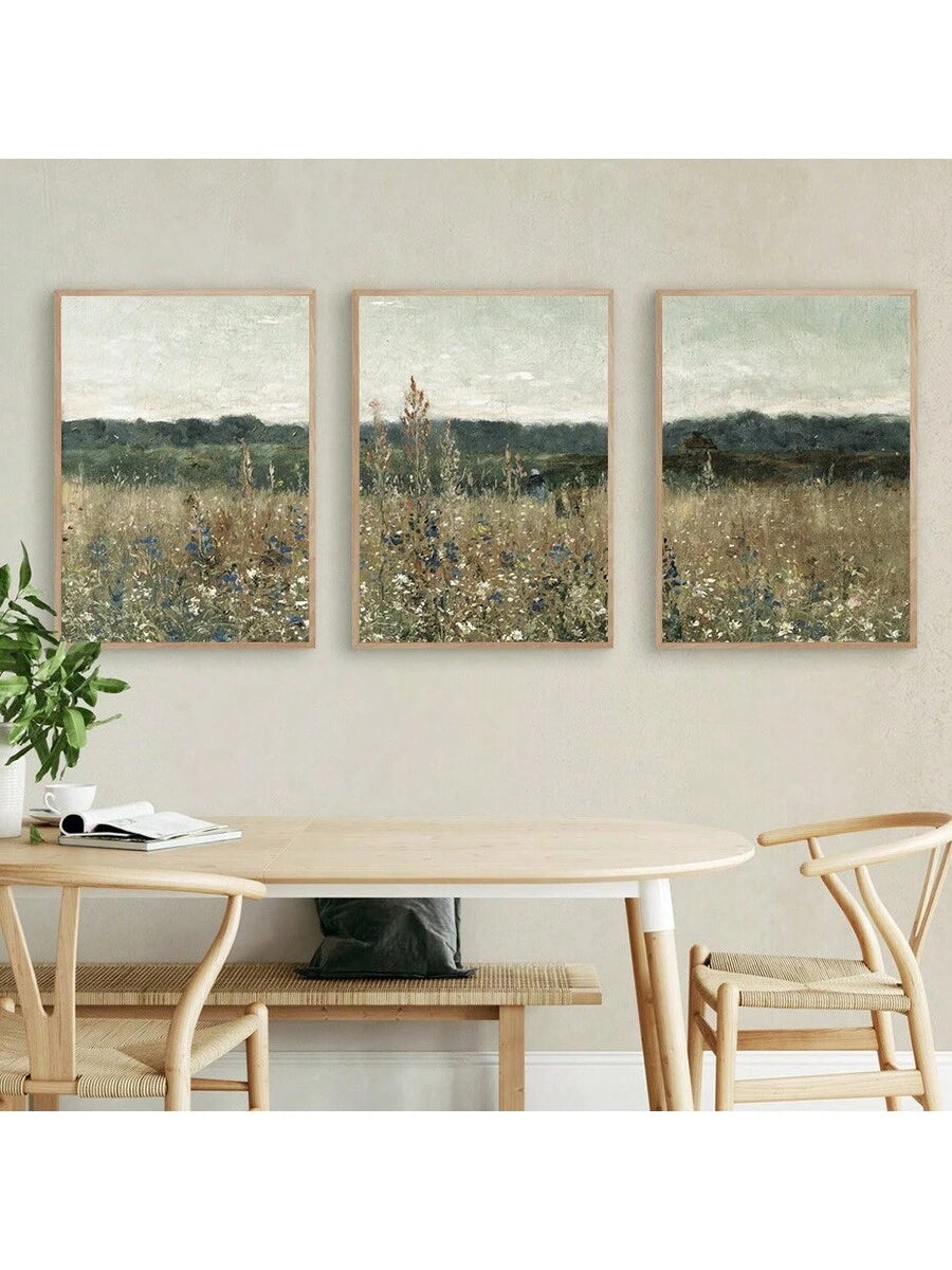 Bring pastoral elegance into your home with this captivating 3-piece wildflower canvas collection. Each panel showcases delicate botanical scenes rendered in warm, earthy hues that evoke the peaceful charm of countryside meadows. Whether displayed as a cohesive gallery wall or arranged individually, these canvases add depth and character to bedrooms, living spaces, and home offices. 
