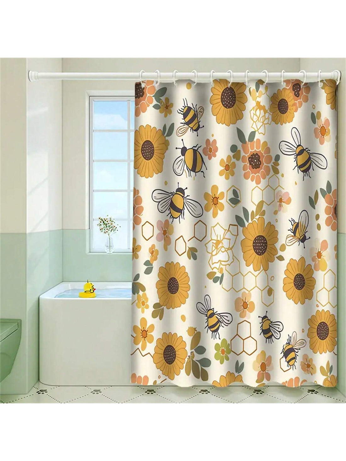 Make a splash in your bathroom with our Charming Bee Floral Shower Curtain! Not only is it water resistant and machine washable, but it also comes with hooks for versatile use. Transform your bathroom into a whimsical garden with this charming addition. Bee-lieve us, you won't regret it!