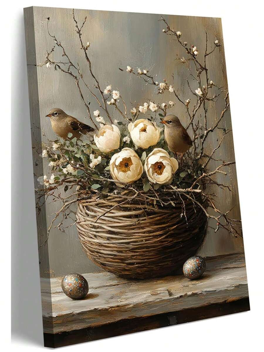 Bring rustic elegance to any room with this charming bird canvas wall art. Featuring a vintage-inspired flower basket design, this piece captures the warmth of country style décor. The soft, muted tones and delicate botanical details create a peaceful focal point that complements farmhouse, cottage, and traditional interiors. Perfect for living rooms, bedrooms, or entryways, this canvas art adds character and timeless appeal to your home. Easy to hang and ready to display