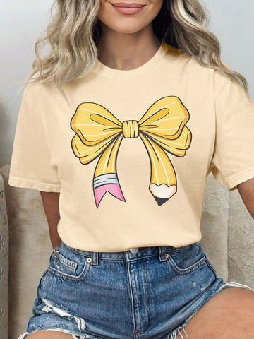 This Charming Bow Print Casual T-Shirt for Women is the perfect essential for your summer wardrobe. The charming bow print adds a playful touch to this versatile t-shirt, making it suitable for both casual and dressier occasions. Made with comfort in mind, it is the perfect combination of style and ease.