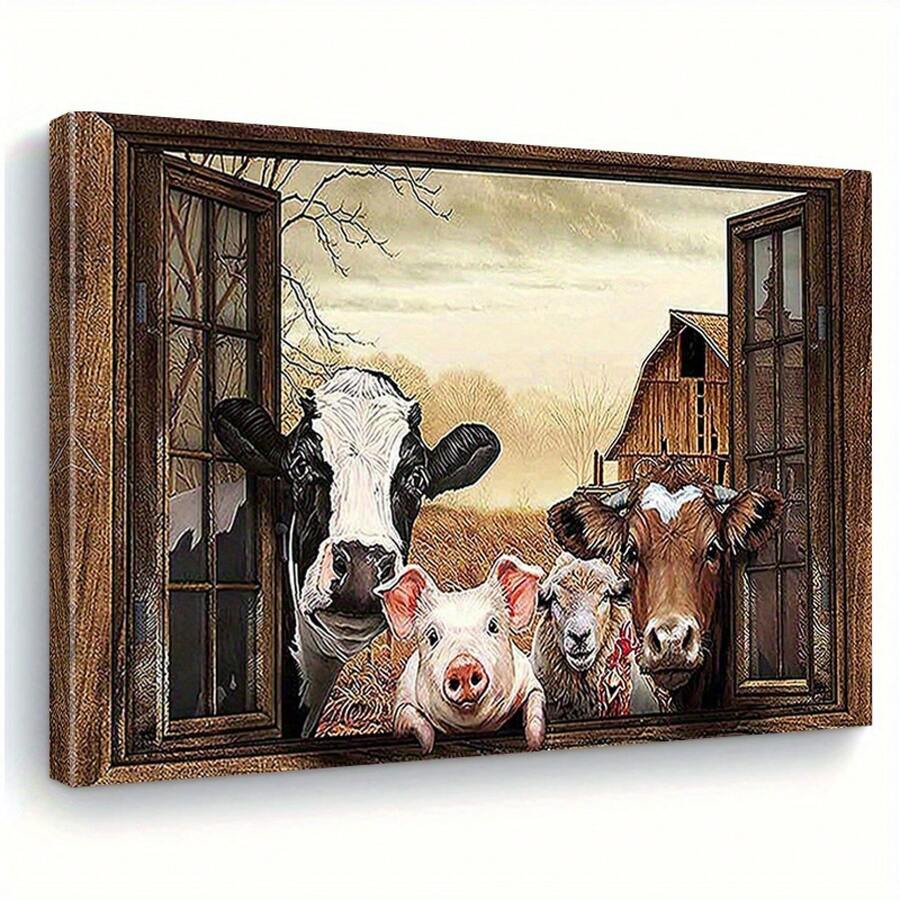 Ready to hang framed canvas with hook and farm animals