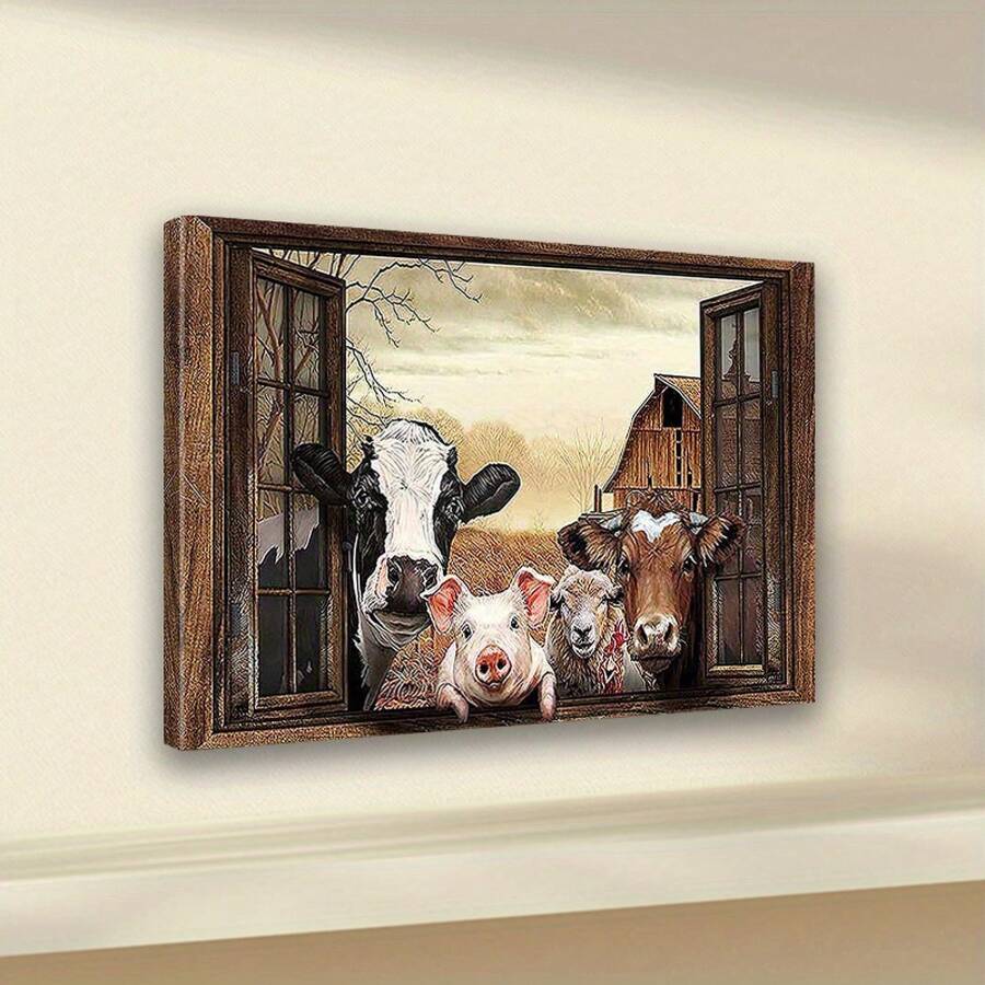 Farm animal canvas art with cow pig sheep and calf in barn window