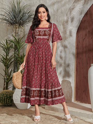 This charming A-Line dress features a beautiful ditsy floral pattern and a flattering square neckline. The A-Line silhouette flatters any body type, making it a versatile option for any occasion. The intricate floral design adds a touch of femininity to this classic dress.