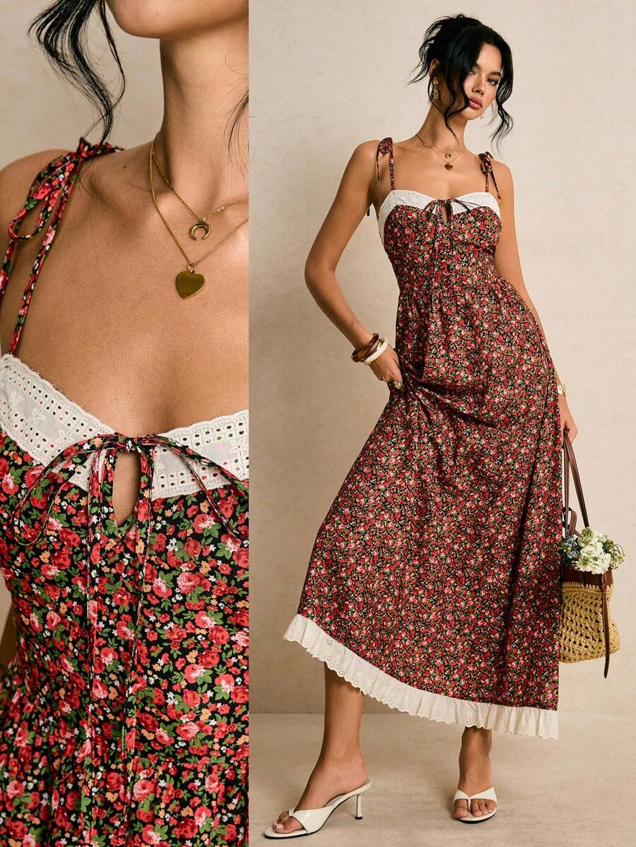 Embrace effortless elegance with this charming ditsy floral spaghetti strap dress. Featuring a high-waisted silhouette, flared maxi hem, and boho-inspired details including shirring and knotted accents, this sleeveless cami dress transitions seamlessly from vacation getaways to special occasions. The woven polyester fabric drapes beautifully while maintaining its shape. Perfect for warm-weather styling, this versatile piece celebrates timeless femininity with its delicate botanical print and relaxed yet ref