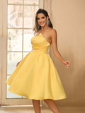 Experience true elegance in our Charming Elegance A-Line Gown! Made from luxurious satin and designed with a bust pad and cascading pleats, this gown will make you look and feel like a true queen. Embrace your inner beauty and grace in our mesmerizing yellow color.