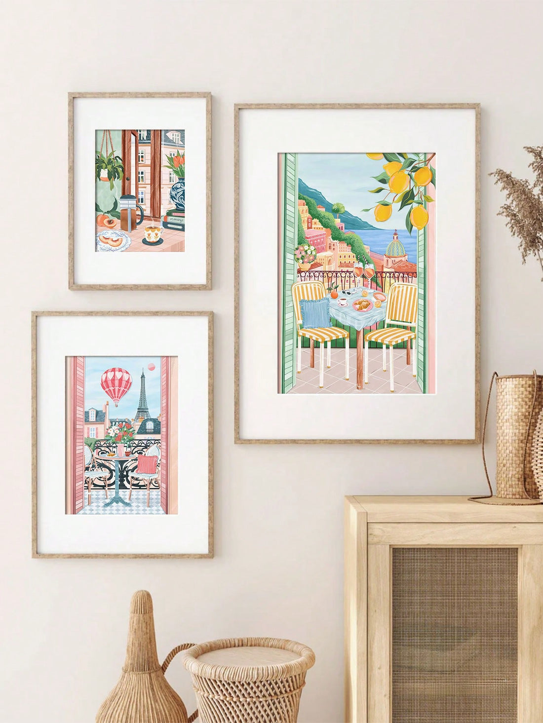 Decorate your space with European charm! This set of vintage floral art prints will transport you to a charming European balcony. Perfect for adding a touch of whimsy and elegance to any room.