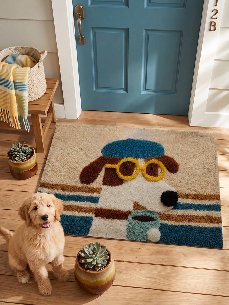 Greet your guests with personality and charm using this delightful eyeglasses dog doormat. Featuring a playful cartoon design with vibrant multicolor graphics, this modern welcome mat adds instant character to any entryway. Crafted from durable 100% polyester, it's built to withstand outdoor elements while maintaining its eye-catching appeal. The no-filler construction ensures a flat, practical fit that won't shift or bunch underfoot. 