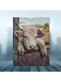 Lavender cow canvas art with white calf purple bow and flowers