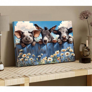 Farm animal canvas art with pig donkey and cow over blue fence