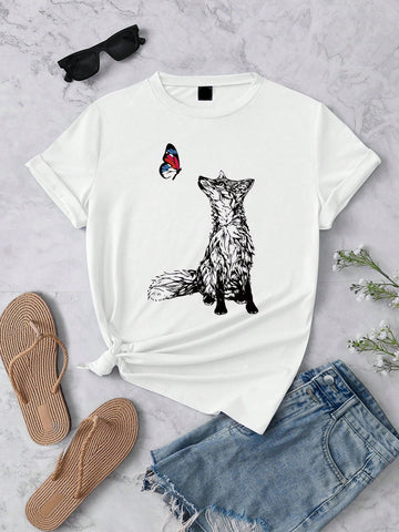Add a touch of whimsy to your wardrobe with our Charming Fox and Butterfly Graphic Tee for Women. Made with a casual round neck and short sleeves, this tee features a playful design of a fox and butterfly. Perfect for any occasion, this tee is sure to charm with its comfortable fit and stylish print.